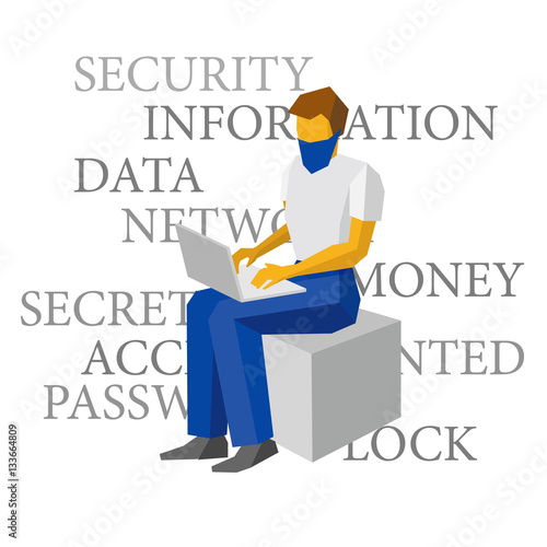Computer hacker sitting with laptop. Lot of words about information security behind. Man in mask working with computer. Cyber crime concept - flat vector illustration.