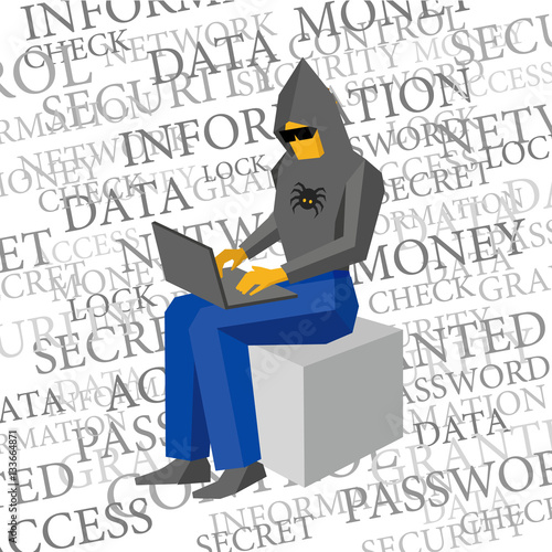 Computer hacker sitting with laptop. Lot of words about information security behind. Man in black hoody and dark glasses working with computer. Cyber crime concept - flat vector illustration.