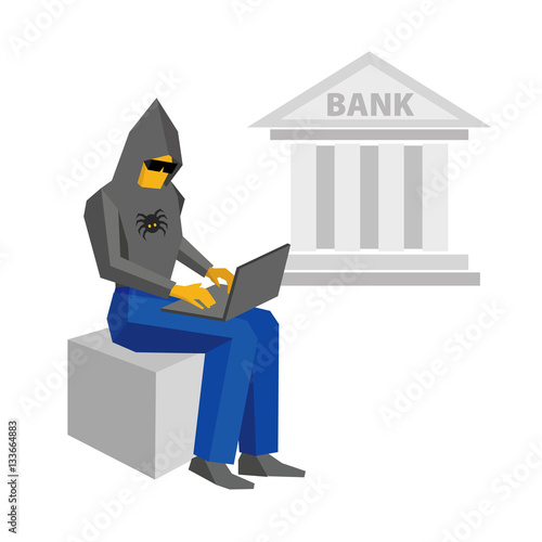 Computer hacker sitting with laptop. Bank building behind. Man in black hoody with spider and dark glasses working with computer. Cyber crime concept - flat vector illustration.