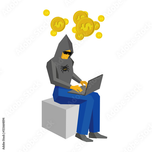 Computer hacker sitting with laptop and thinking about money. Man in black hoody with spider and dark glasses working with computer. Cyber crime concept - flat vector illustration.