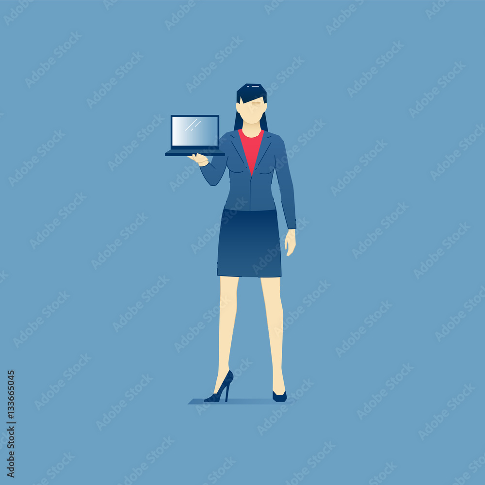 Business woman stands with an open laptop Business woman stands with an open laptop