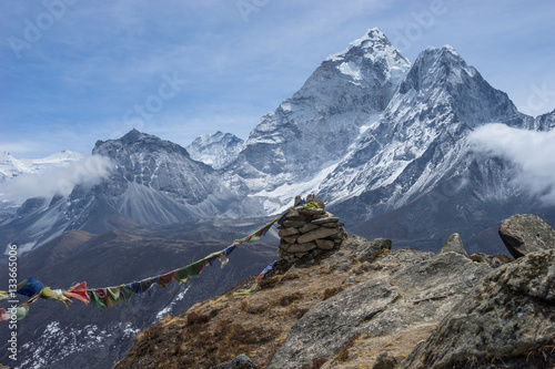 Ama Dablam mountain peak in cloudy day, Everest region, Nepal