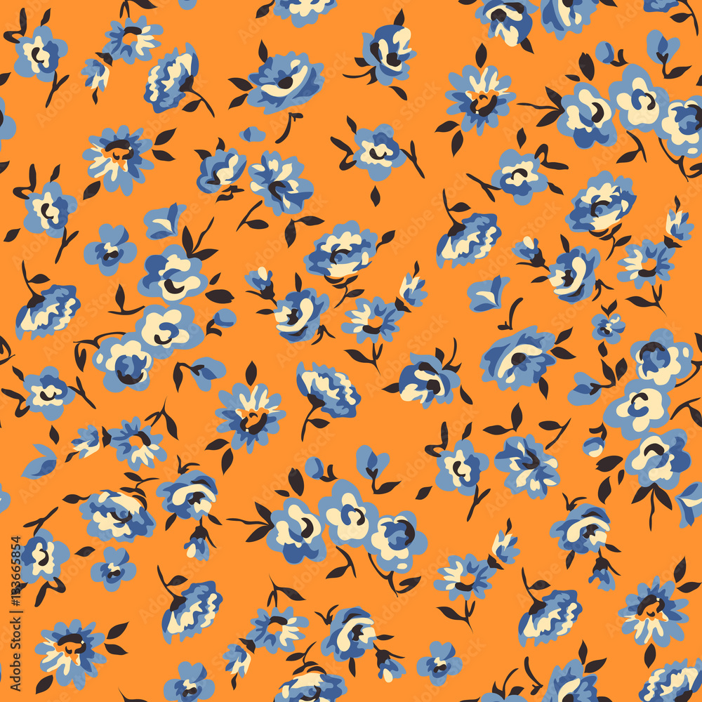 Little blue flowers on orange background - seamless print Little blue flowers on orange background - seamless print