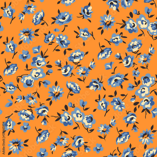 Little blue flowers on orange background - seamless print