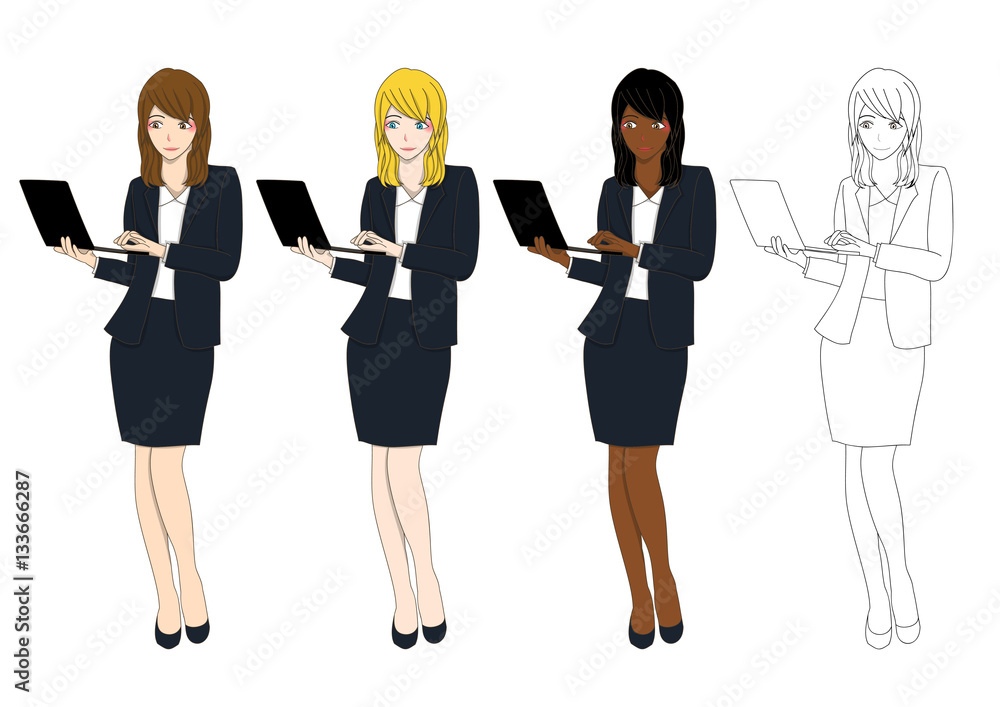 Set Cute Business Woman with Laptop. Full Body Vector Illustration isolated on White Background Set Cute Business Woman with Laptop. Full Body Vector Illustration isolated on White Background