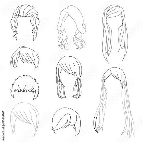 Collection Hairstyle for Man and Woman Hair Drawing Set 1. Vector illustration isolated on White Background