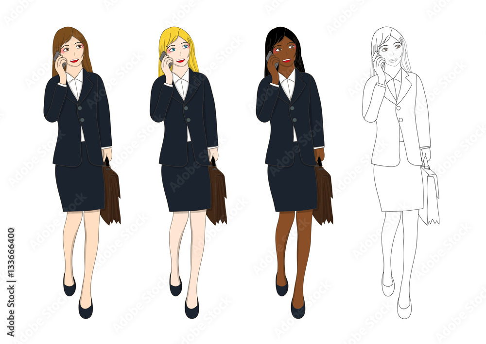 Set Cute Business Woman Talking on Phone and holding a Brief Case while Walking. Full Body Vector Illustration. isolated on White Background Set Cute Business Woman Talking on Phone and holding a Brief Case while Walking. Full Body Vector Illustration. isolated on White Background