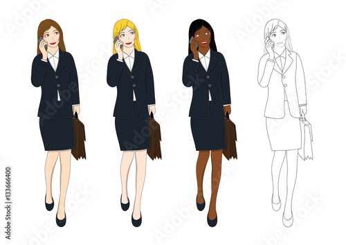 Set Cute Business Woman Talking on Phone and holding a Brief Case while Walking. Full Body Vector Illustration. isolated on White Background