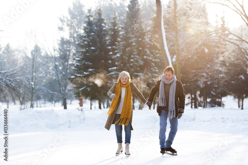 Принти на полотні Senior couple in sunny winter nature ice skating.