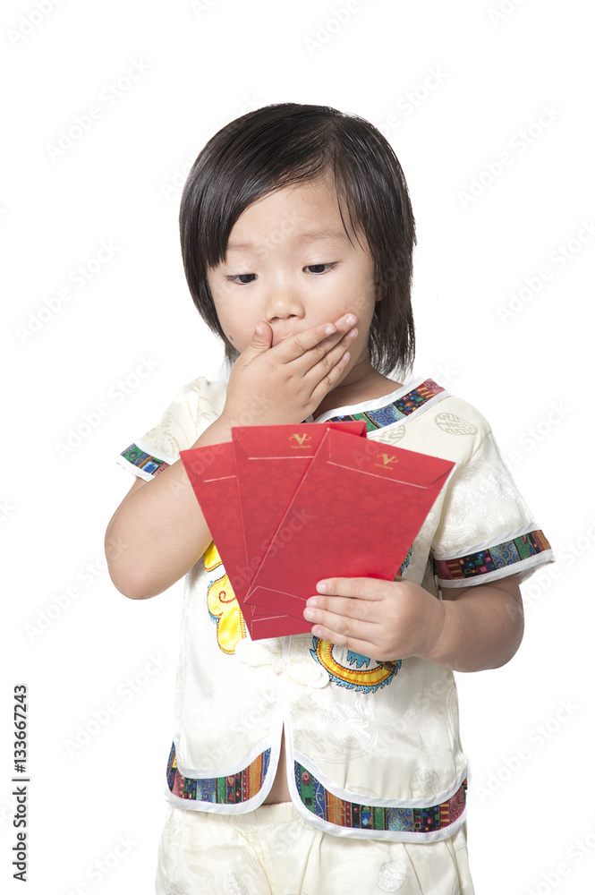 Happy Chinese new year.The girls expressed his delight with the special bonus package, isolated on white background. Happy Chinese new year.The girls expressed his delight with the special bonus package, isolated on white background.