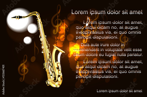 Saxophone, the text on the background of musical notes