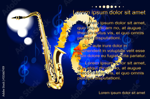 Saxophone, the text on the background of musical notes