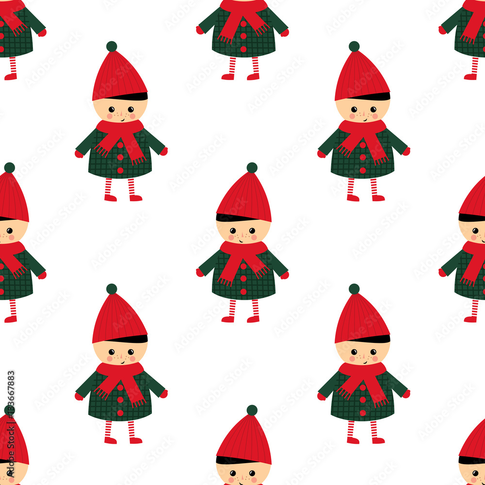 Cute little boy seamless pattern on white background. Boy in cute winter clothes walking outside vector illustration. Baby design for textile, wallpaper, fabric. Winter holidays card. Cute little boy seamless pattern on white background. Boy in cute winter clothes walking outside vector illustration. Baby design for textile, wallpaper, fabric. Winter holidays card.
