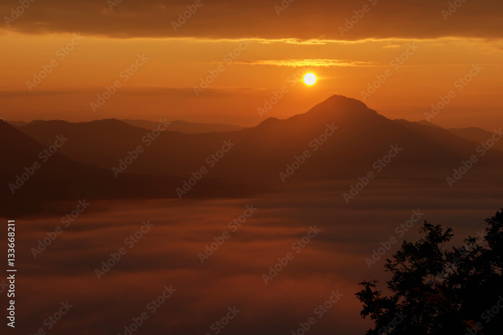 Sunrise, mountain and fog landscape with warm tone, for graphic