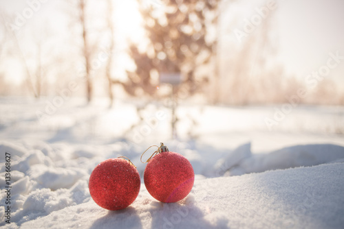 Christmas balls on snow