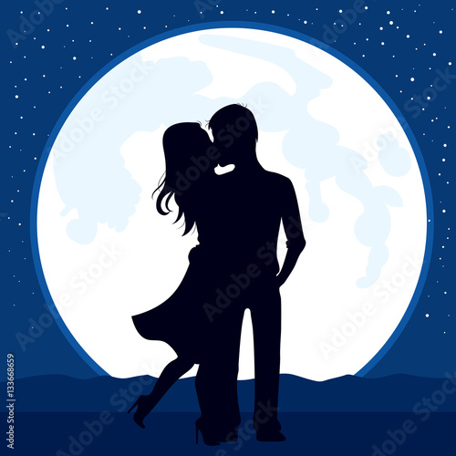 Illustration of silhouette couple kissing with full moon on background