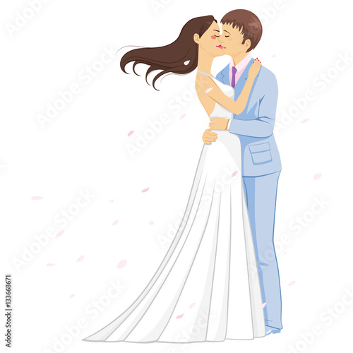 Beautiful romantic scene of wedding couple kissing with flowers