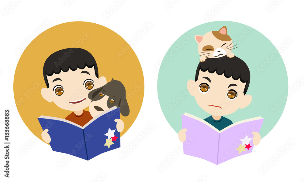 Reading with my pet, cartoon vector illustration Reading with my pet, cartoon vector illustration