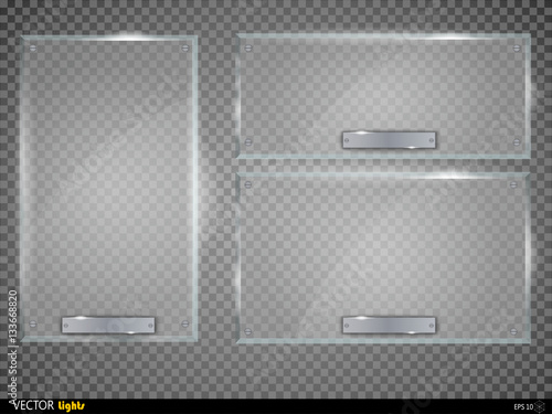Glass plates set. Vector glass banners on transparent background.