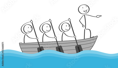 Teamleiter Strichmännchen im Boot mit Team beim Rudern
