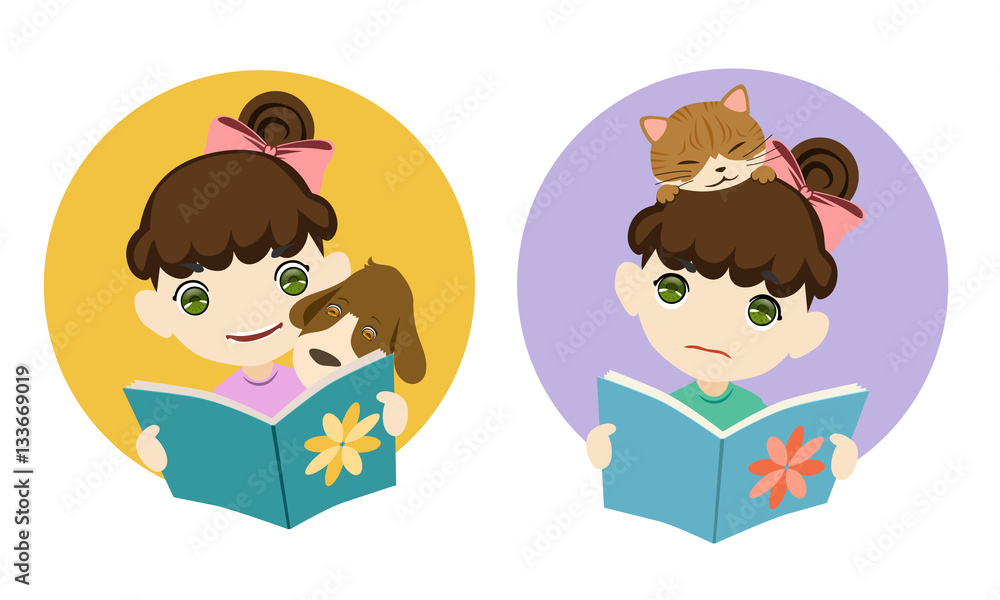 Reading with my pet, cartoon vector illustration Reading with my pet, cartoon vector illustration