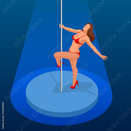 Young sexy woman exercise pole dance on a dark background. Isometric vector people.