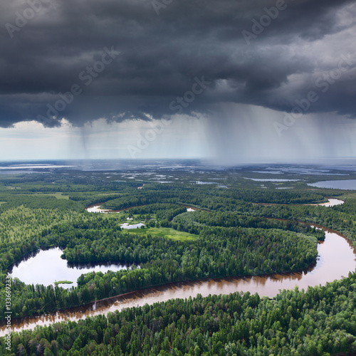 forest river in the rainy day