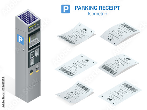 Isometric set of Parking tickets and carking meter. Flat illustration icon for web