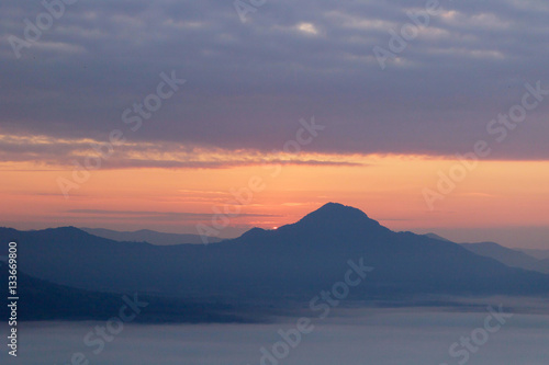 High mountain and fog in the morning. for graphic background