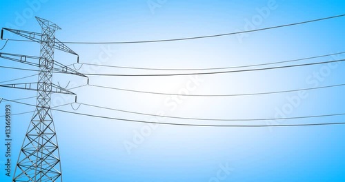 3D animation moving down electrical powerline with bright background.