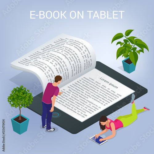 Isometric E-book concept. University Computer Classroom. Online Education and Library with Students. Flat vector 3d illustration