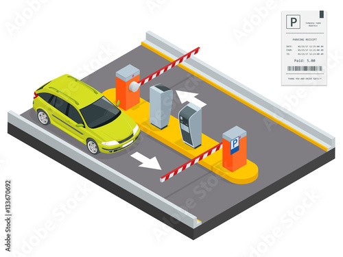 Isometric Parking payment station, access control concept. Parking ticket machines and barrier gate arm operators are installed at the entrance and exit of parking area as tools to charge parking fee.