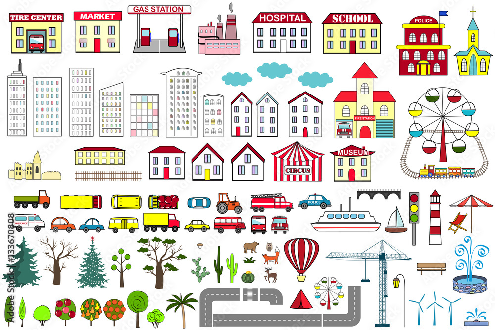 Set of cartoon city map elements. Vector illustration. Set of cartoon city map elements. Vector illustration.