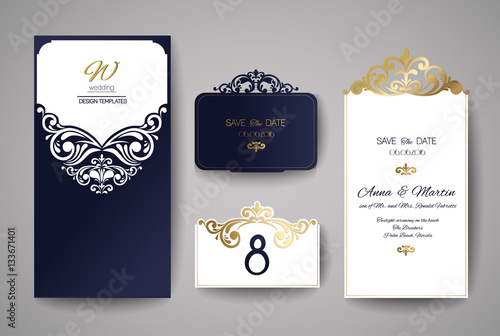 Wedding invitation or greeting card with gold floral ornament. Wedding invitation envelope for laser cutting. Vector illustration.