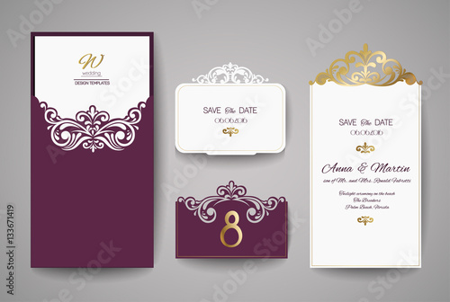 Wedding invitation or greeting card with gold floral ornament. Wedding invitation envelope for laser cutting. Vector illustration.