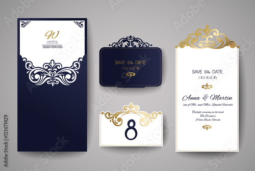 Wedding invitation or greeting card with gold floral ornament. Wedding invitation envelope for laser cutting. Vector illustration.