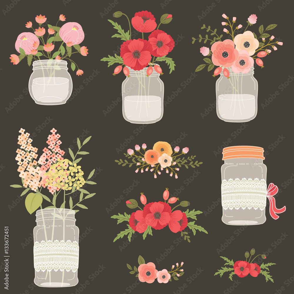 Flower in mason jars. Stock Vector | Adobe Stock