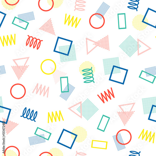 Retro memphis geometric line shapes seamless patterns. Hipster fashion 80-90s. Abstract jumble textures. Zigzag lines. Triangle. Memphis style for printing, website, design, poster.