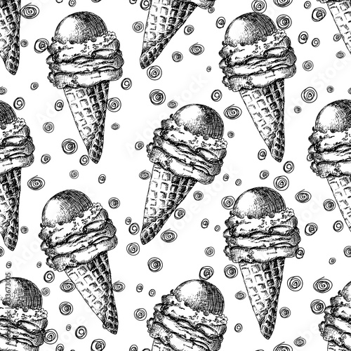 Hand-drawn vintage ice cream in cone sketch repeating pattern, with doodle circles, black and white, can be used as seamless background. Vector illustration.