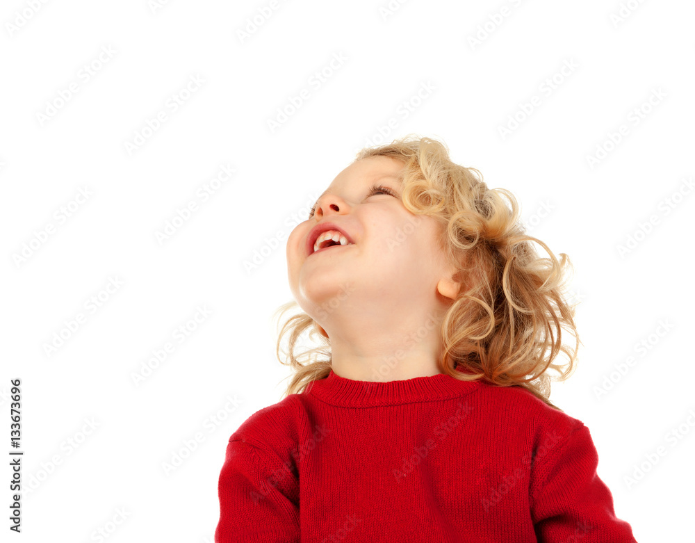 Portrait of playful small kid with long blond hair looking up Portrait of playful small kid with long blond hair looking up