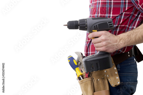 bricklayer tools and helmet isolated on white background