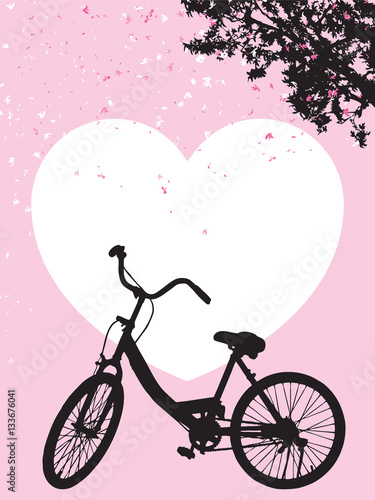 One bicycle parking under blooming flower tree, landscape park vintage spring scene, silhouette travel concept on pink background, black shadow banner on white heart shape backdrop