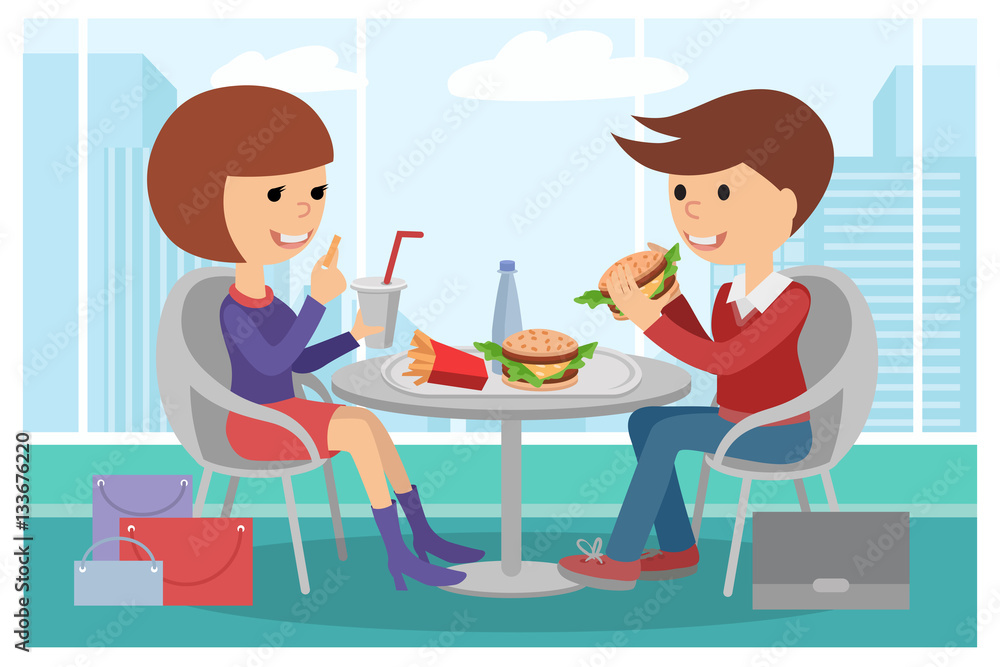 Girl and boy eating fast food. Vector illustration of a people at table with sandwiches drinks. Girl and boy eating fast food. Vector illustration of a people at table with sandwiches drinks.