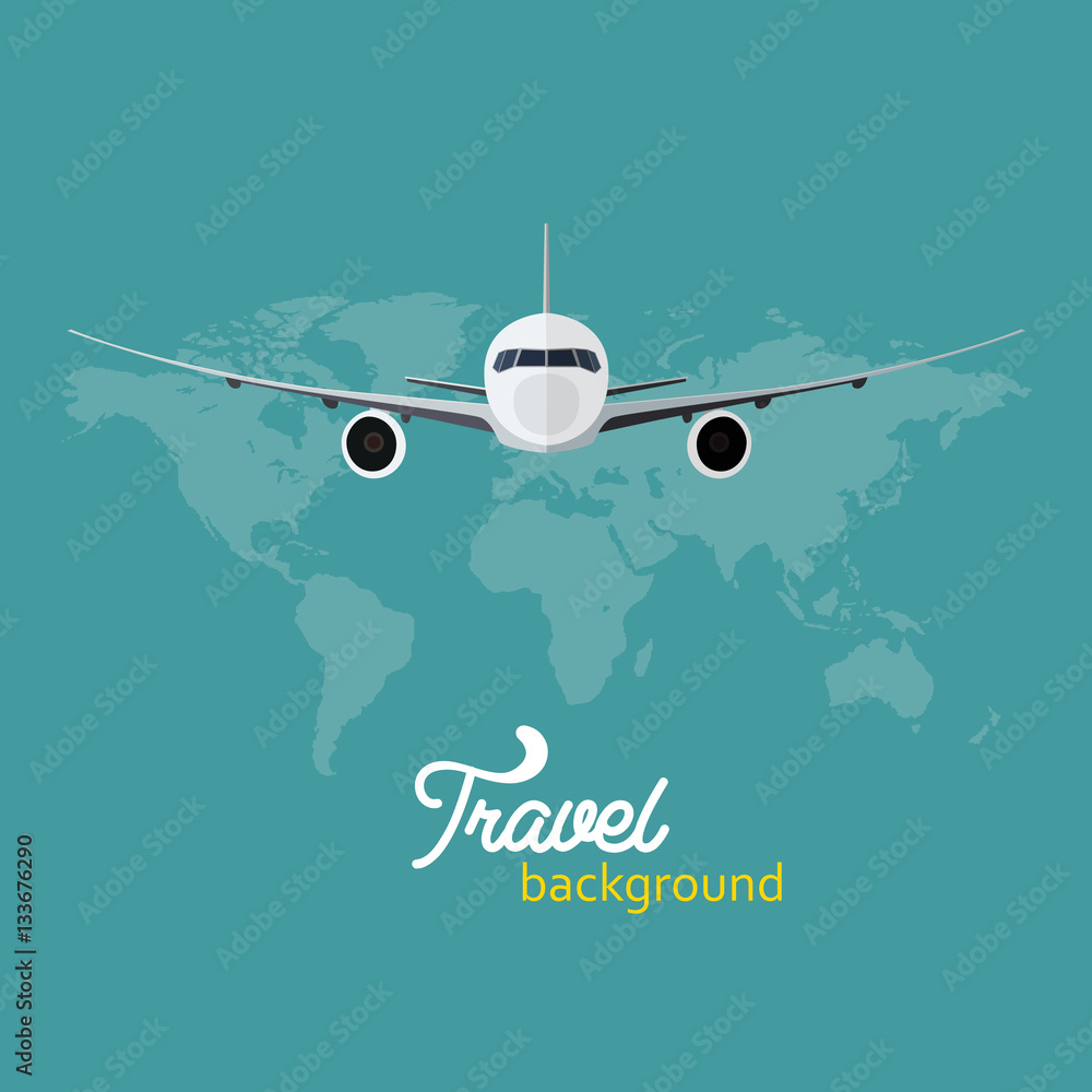 Travel around the world. Vector illustration of flying airplane in front of the world map. Travel around the world. Vector illustration of flying airplane in front of the world map.