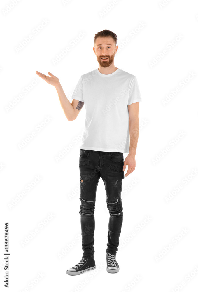 Young handsome man in blank T-shirt isolated on white Young handsome man in blank T-shirt isolated on white