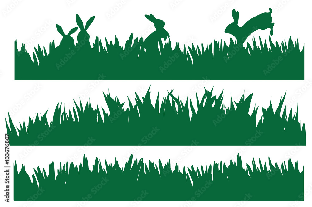 Fototapeta premium Vector rabbits in green grass silhouettes.