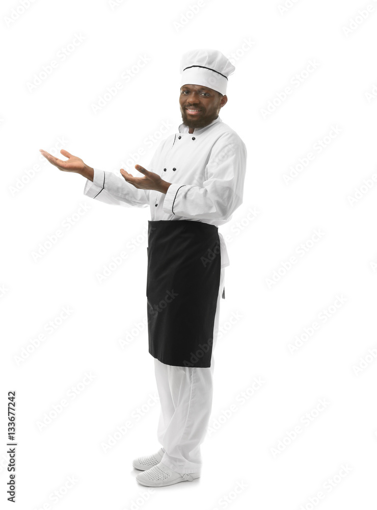 African American chef in uniform on white background African American chef in uniform on white background