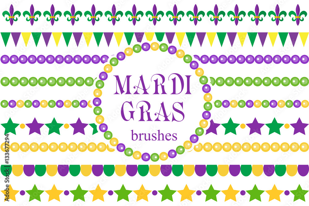 Mardi Gras borders set . Cute beads, fleur de lis ornaments, garland.  Isolated on white background. Vector illustration Stock Vector | Adobe Stock