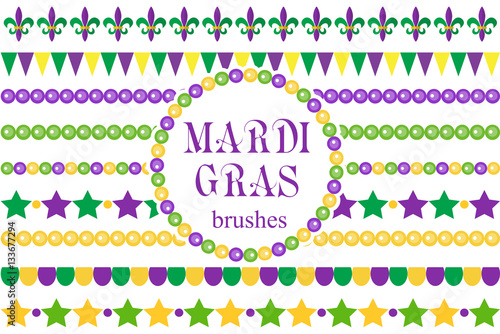 Mardi Gras borders set . Cute beads, fleur de lis ornaments, garland. Isolated on white background. Vector illustration