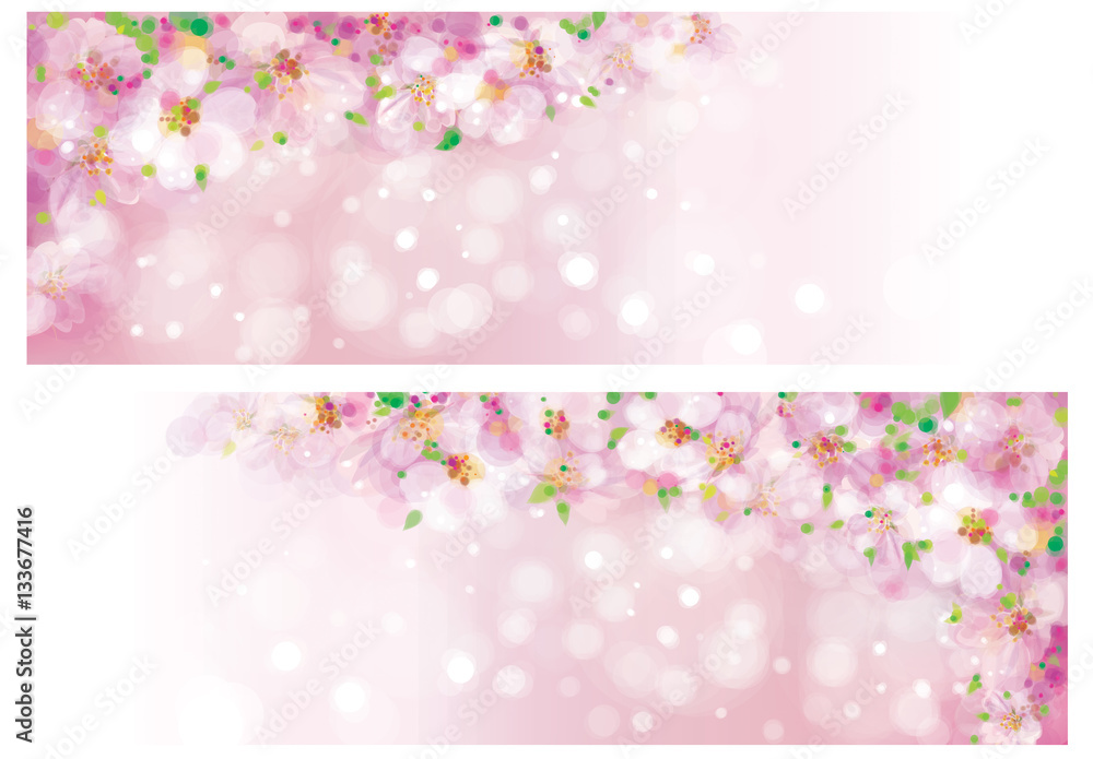 Vector blossoming sakura tree, pink bokeh banners.